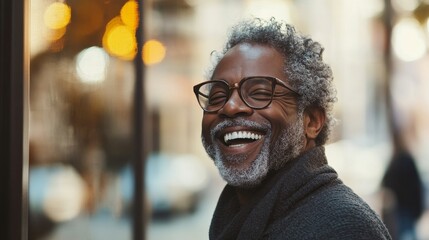 Fototapeta premium Portrait of a Happy, Stylish Senior Man with Glasses and Salt and Pepper Beard Smiling in the City.