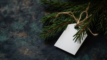 seasonal gift label, white cardstock tag, natural fiber string, pine sprig decoration, textured dark background, minimalist design, studio lighting, elegant composition