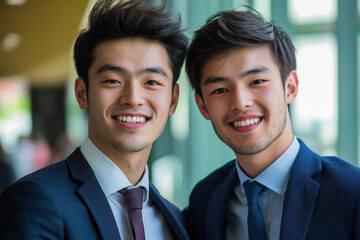 photo of two young business men in suits smiling into the camera at work in the office in finance.