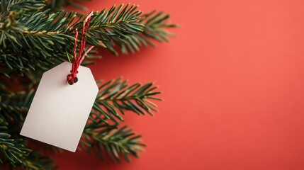 salmon colored backdrop, pearl white hanging label, forest green fir sprig, ruby red string, contemporary holiday photography, clean aesthetic, studio lighting