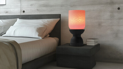 A retro-inspired red lava lamp with a soft glow, placed on a sleek black bedside table next to a neatly made bed, creating a warm and nostalgic atmosphere in a minimalist bedroom.