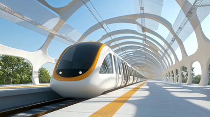 Obraz premium Futuristic train station design urban environment architectural visualization modern infrastructure wide angle view sustainable mobility