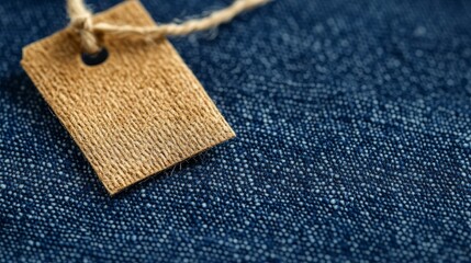 empty garment tag hanging from collar, warm cobalt blue textile background, crisp cotton fabric texture, natural twine string attachment, clean retail product shot, high-resolution detail,