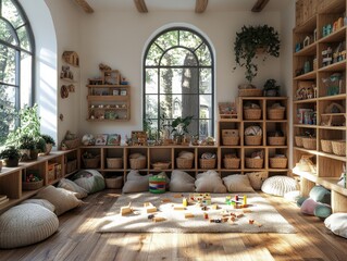 Sunlit playroom with wooden shelves, toys, and cushions. Perfect for illustrating child development, education, or Montessori schools.
