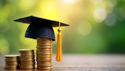 Graduation cap placed on stacks of coins represents student debt. Financial planning for future success after education key idea. Investment in education, responsible budgeting, career goals