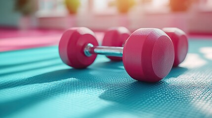 Fitness accessories concept Top view photo of a sports mat and dumbbells on a pink and green background with copyspace