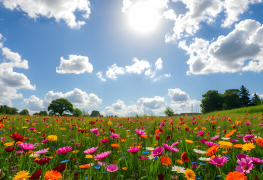Vibrant wildflower field, Colorful daisies and poppies, Golden sunlight, Dramatic cloudy sky, Rolling countryside, Lush green trees, Summer landscape, Idyllic rural scene, Sunburst through clouds, Mea