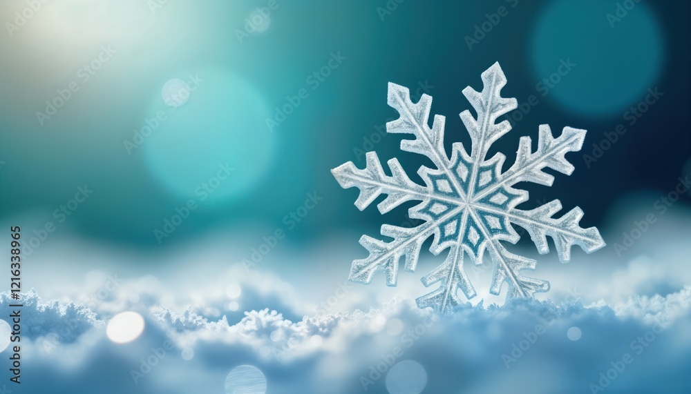 Poster beautiful detailed snowflake rests on soft snow. winter scene delicate crystal formations. stunning 