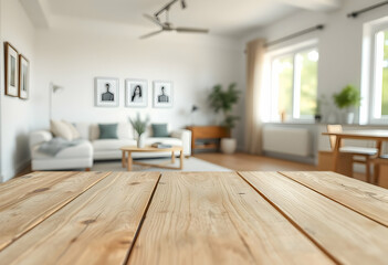 Fototapeta premium Minimalist living room, wooden floor with natural grain, white brick wall, corner sofa with orange and green cushions, potted plant, large windows, bright sunlight, clean lines, modern coffee table, s
