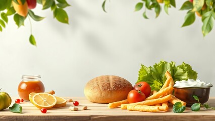 Healthy Eating Concept Fresh Bread, Vegetables, Fruit, and Honey on Wooden Table