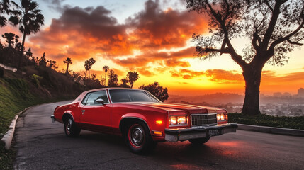 A beautifully restored 1970s car with vibrant red paint, parked on a scenic road at sunset, surrounded by palm trees and a glowing sky, evoking timeless retro charm and elegance.