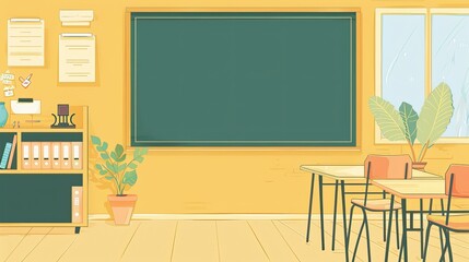 A bright classroom with a chalkboard, desks, and a bookshelf, designed for learning.