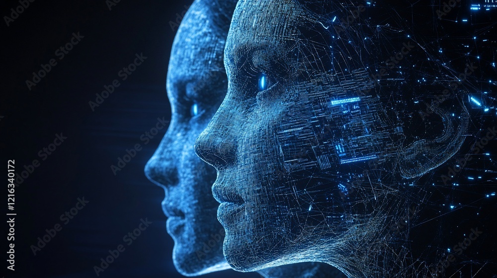 Poster digital faces emerging from code, symbolizing artificial intelligence and technological progress