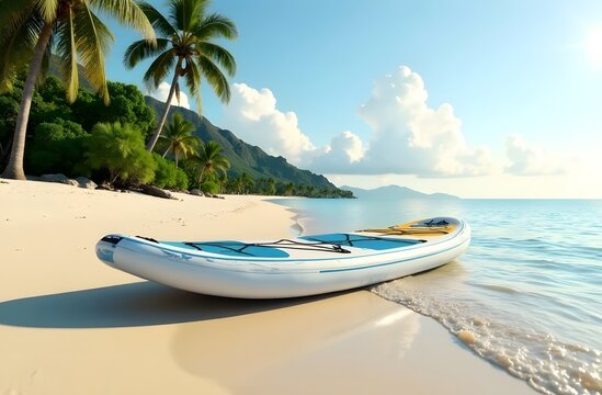 A tropical empty beach during a sunny day, with white sand and crystal-clear turquoise water, palm trees leaning towards the ocean,   colorful paddle board  painted in bright blue and yellow.