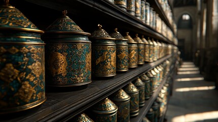 Antique Apothecary Jars in Sunlit Vintage Library Reveal Timeless Elegance and Rich Craftsmanship