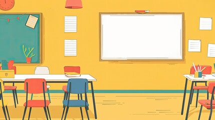 A colorful classroom with desks, a chalkboard, and educational decor.