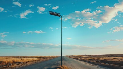 A solar-powered streetlight stands on a rural road, with a simple design and a solar panel above the lamp, set against a blue sky and countryside.

