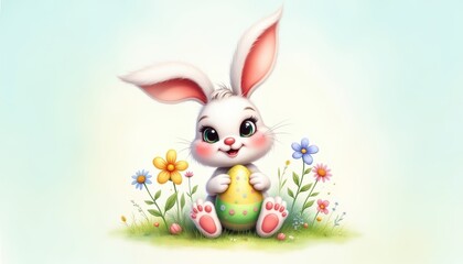 Fototapeta premium Сute cartoon easter bunny holding an egg with a joyful expression surrounded by colorful flowers in a bright pastel setting concept of greeting cards, children’s products, seasonal decorations