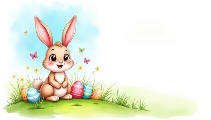 Fototapeta premium Cute cartoon Easter bunny sitting next to colorful decorated eggs with butterflies on grassy area. Concept for greeting cards, seasonal decorations, children's products.