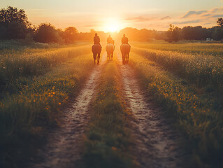 Fototapeta premium Groomed Horses Enjoying a Peaceful Sunset in a Serene Field With Rolling Hills and Vibrant Colors Blending in the Sky