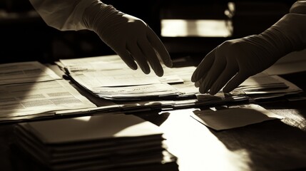 bureaucratic documents display, administrative forms layout, institutional paperwork, examination gloves, evidence collection supplies, sepia tones, shadowy lighting, archival photography style