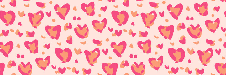 Seamless hand drawn heart shaped leopard skin pattern. Creative pink wallpaper, modern playful ornament. Cute trendy colorful background, for romantic designs, valentines, print, packaging, fabric.
