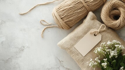 eco friendly bag packaging, rustic twine rope, pristine paper tag, organic materials, commercial product shot, flat lay composition, sustainable design, neutral tones, studio lighting