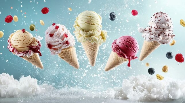 Vibrant artwork showcasing a series of airborne ice cream delights.