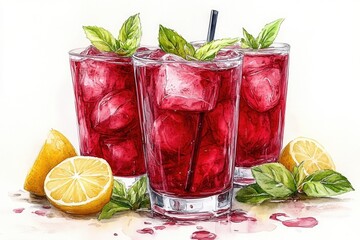 Here's a caption for your microstock photo: Three refreshing iced drinks with lemon and mint. Perfect for summer drinks, beverage menus, or healthy lifestyle themes.