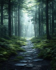 A serene forest pathway bathed in soft light, surrounded by lush greenery and tall trees, inviting tranquility and exploration.
