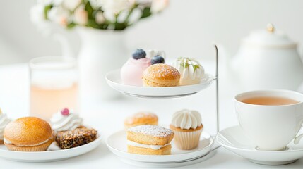 Afternoon tea delight with tiered trays of pastries cozy home food photography bright white setting elegant presentation