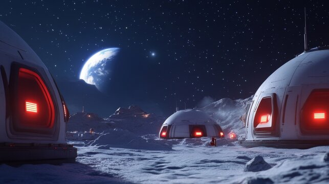 Lunar habitat colony astronauts exploring moon night surface, Earthrise backdrop, futuristic science fiction setting
