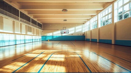 Artwork capturing the serene ambiance of an unoccupied high-school gymnasium, highlighting its polished wooden surfaces.