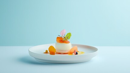 Vibrant tasting menu creation culinary studio food photography soft lighting close-up artistry of dessert presentation