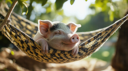 Sleeping piglet nestled in a hammock, basking in the warm sunlight and peaceful surroundings