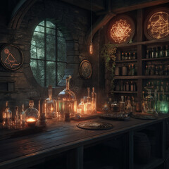 Potion-making scene in a rustic alchemy lab with glowing liquids in vials and illuminated runes creating a cozy magical atmosphere