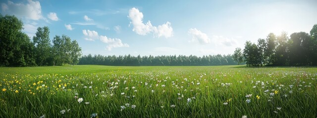 Fototapeta premium Serene Meadow with Blooming Wildflowers and Clear Sky
