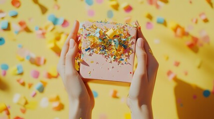 Fototapeta premium Hands holding pink gift box amidst colorful confetti