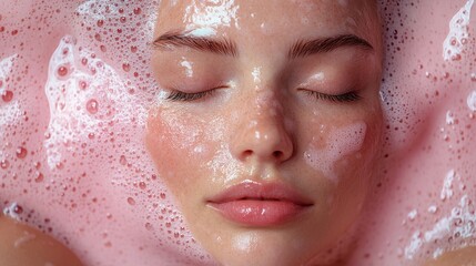 Serene head view with glossy shampoo foam and soft pink background