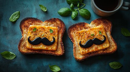 Fathers Day breakfast surprise! Behold a top view of toast with mustache-shaped cheese, coffee, and trendy accessories on a blue background with text space.
