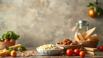 Rustic Mediterranean Food Still Life with Pasta, Nuts, and Vegetables