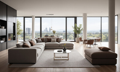 Fototapeta premium A spacious loft living room featuring an oversized sectional sofa in light grey, accented with mocha mousse pillows. A modern glass coffee table