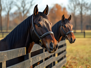 Obraz premium Groomed Horses Enjoying a Peaceful Sunset in a Serene Field With Rolling Hills and Vibrant Colors Blending in the Sky