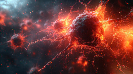 A microscopic image of dividing cancer cells, with vivid fluorescent markers differentiating stages