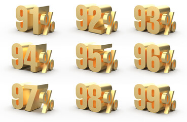 3D rendered image of discounts numbers with gold texture. 4k 3D render of business golden discounts