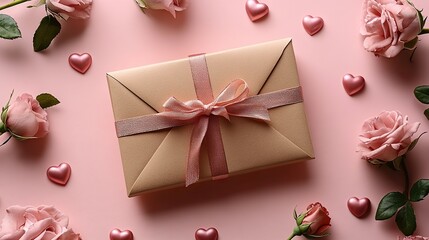 Glamorous greetings to elevate your Womens Day wishes for a fashion-forward partner. a beautifully wrapped gift box, lovely rosebuds, and artfully arranged hearts on a pastel pink canvas