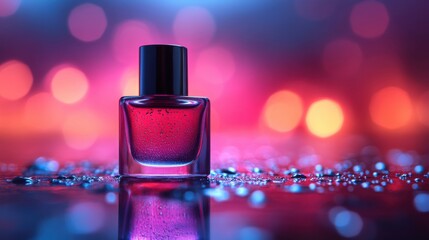 Glossy Red Nail Polish Bottle with Vibrant Bokeh Background