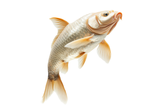 Closeup of fresh common carp fish with detailed scales and fins, isolated on white transparent background, concept of aquatic life