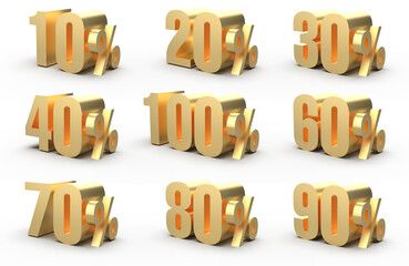 3D rendered image of discounts numbers with gold texture. 4k 3D render of business golden discounts