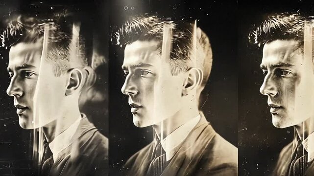 Four ghostly, superimposed portraits of a man evoke a sense of mystery and intrigue. This vintage-style image is ideal for projects exploring themes of memory, time, and identity.  